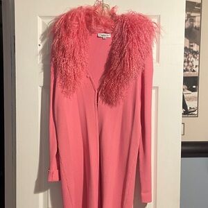 Stylish Pink Cardigan with Fluffy Collar